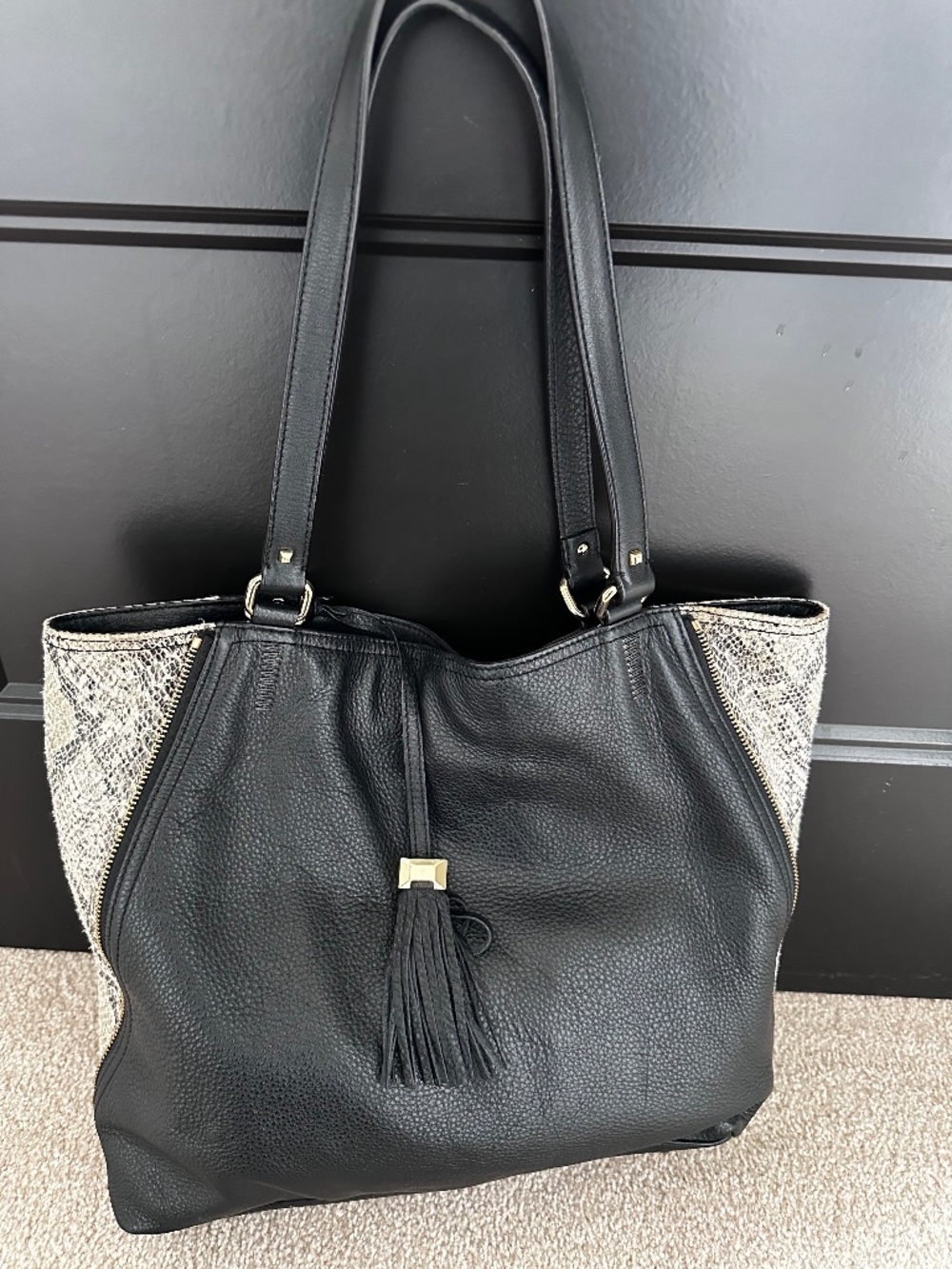 Stella and Dot black leather tote with snake skin inlay